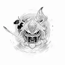 samurai japones con la espada desenvainada junto a un lobo viendos la luna, que refleja la ultima lagrima de lucifer  tattoo design idea