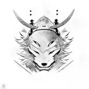 samurai japones con la espada desenvainada junto a un lobo viendos la luna, que refleja la ultima lagrima de lucifer  tattoo design idea