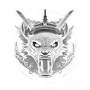 samurai japones con la espada desenvainada junto a un lobo viendos la luna, que refleja la ultima lagrima de lucifer  tattoo design idea