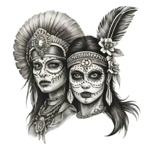 female Indian warrior and Mexican female warrior or catrina tattoo design idea