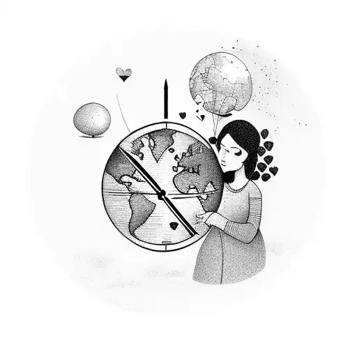A mother holding a globe with a clock embedded in it, symbolizing the importance of time and love in her life tattoo design idea