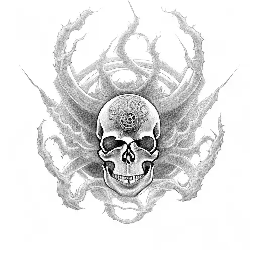 An ethereal skull surrounded by swirling demonic symbols, representing the spiritual connection between the mortal and supernatural realms tattoo design idea