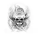 An ethereal skull surrounded by swirling demonic symbols, representing the spiritual connection between the mortal and supernatural realms tattoo design idea
