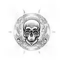 An ethereal skull surrounded by swirling demonic symbols, representing the spiritual connection between the mortal and supernatural realms tattoo design idea