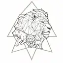 A geometric design incorporating triangles, a female lion taking care of two baby lions tattoo design idea