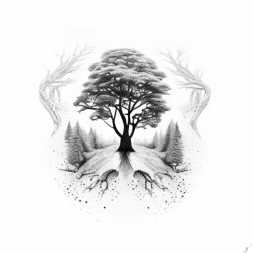 earthquaked tree but like a nothingam forest and b&w tattoo design idea