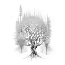 earthquaked tree but like a nothingam forest and b&w tattoo design idea
