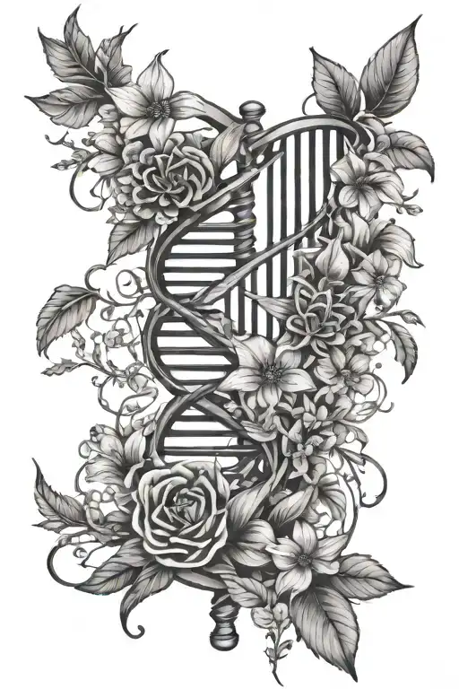 DNA double helix with dead wild flowers intertwined tattoo design idea