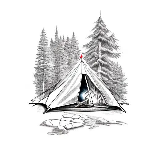 campfire, tent, trees, mountains, deer, duck, chocolate lab tattoo design idea