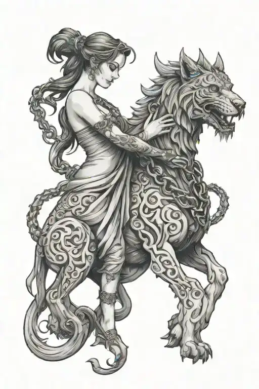 lilith holding cerberus with a chain links tattoo design idea