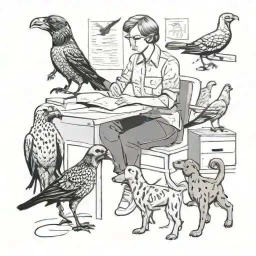 A teacher surrounded by German short hair pointers and upland birds in a classroom setting tattoo design idea