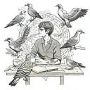A teacher surrounded by German short hair pointers and upland birds in a classroom setting tattoo design idea
