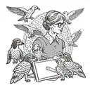 A teacher surrounded by German short hair pointers and upland birds in a classroom setting tattoo design idea