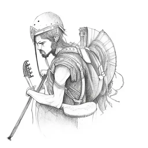 A failed warrior finding solace in the sound of a guitar while hiking in the mountains tattoo design idea
