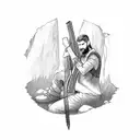 A failed warrior finding solace in the sound of a guitar while hiking in the mountains tattoo design idea