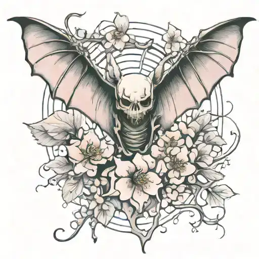 bat with an exposed skeleton and a cherry blossom tattoo design idea