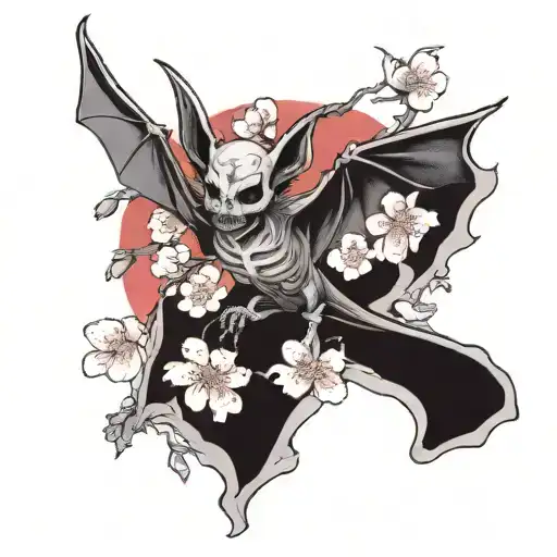 bat with an exposed skeleton and a cherry blossom tattoo design idea