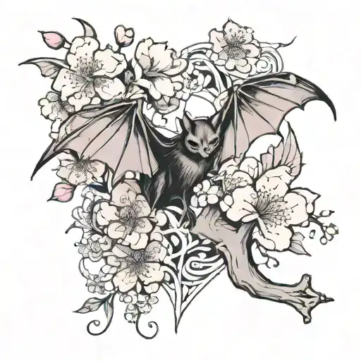 bat with an exposed skeleton and a cherry blossom tattoo design idea