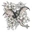 bat with an exposed skeleton and a cherry blossom tattoo design idea