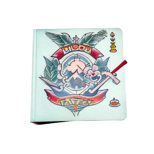 A traditional tattoo of a mixology recipe book with travel stamps on the pages, showcasing the client's dedication to both crafts tattoo design idea