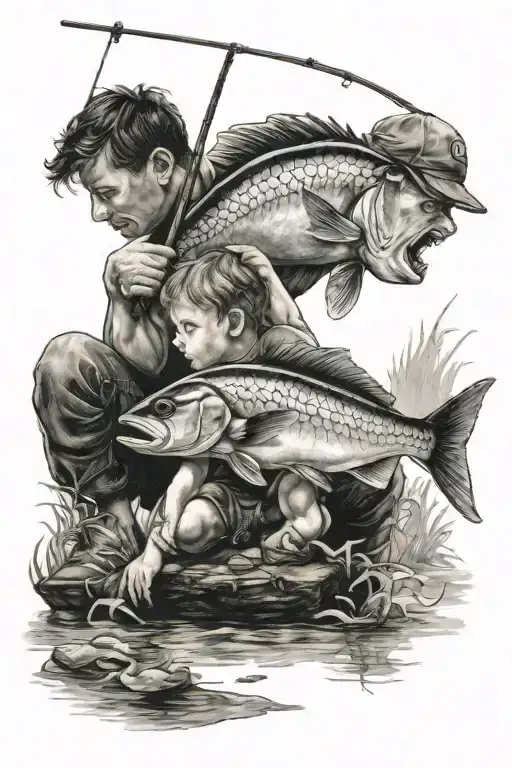 Dad and son fishing tattoo design idea