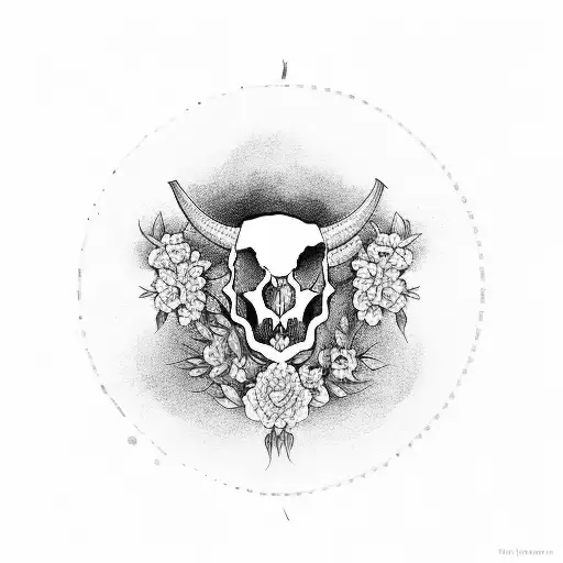 florals surrounding mirror with vietnamese landscape inside with bull skull on the bottom of mirror tattoo design idea