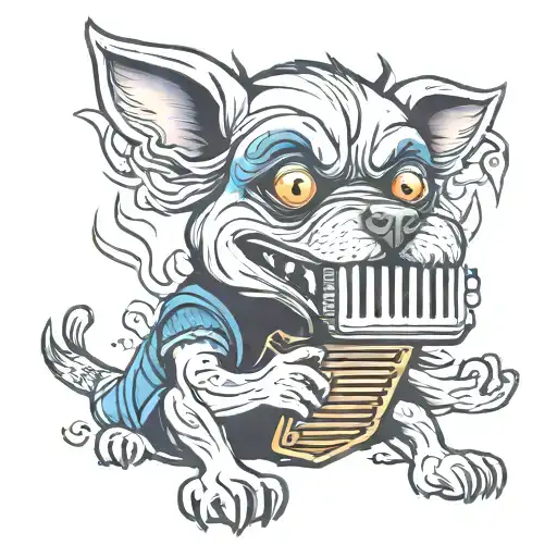 create an evil looking dog playing the accordion tattoo design idea