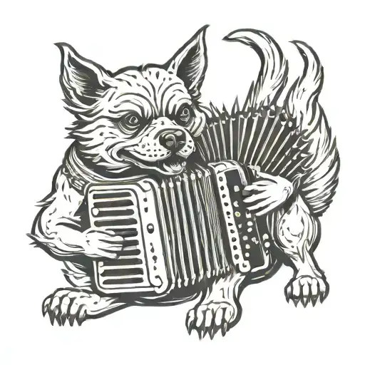create an evil looking dog playing the accordion tattoo design idea