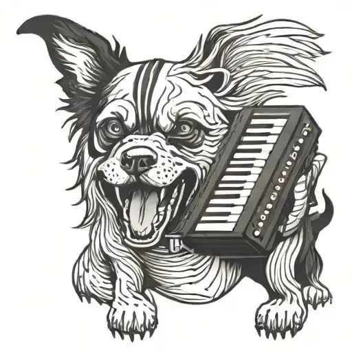 create an evil looking dog playing the accordion tattoo design idea