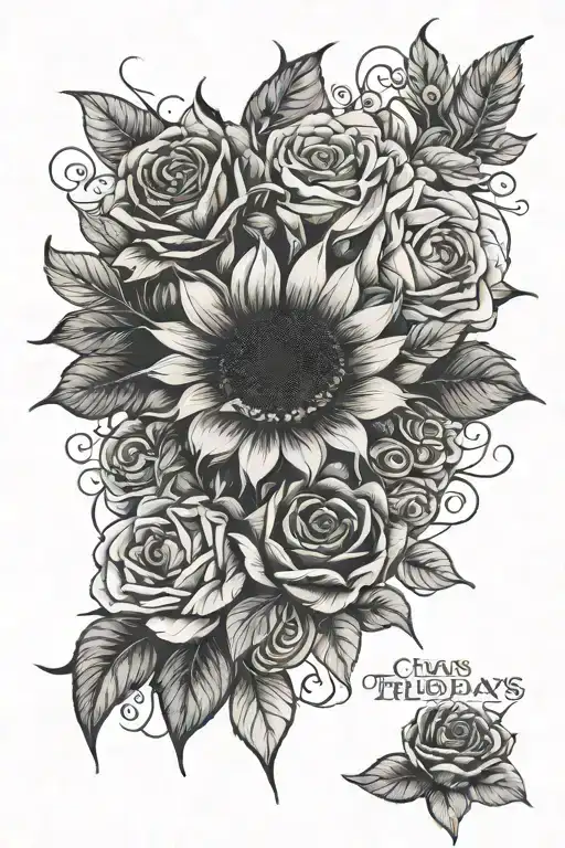 fears and fridays poem with sunflowers and roses tattoo design idea