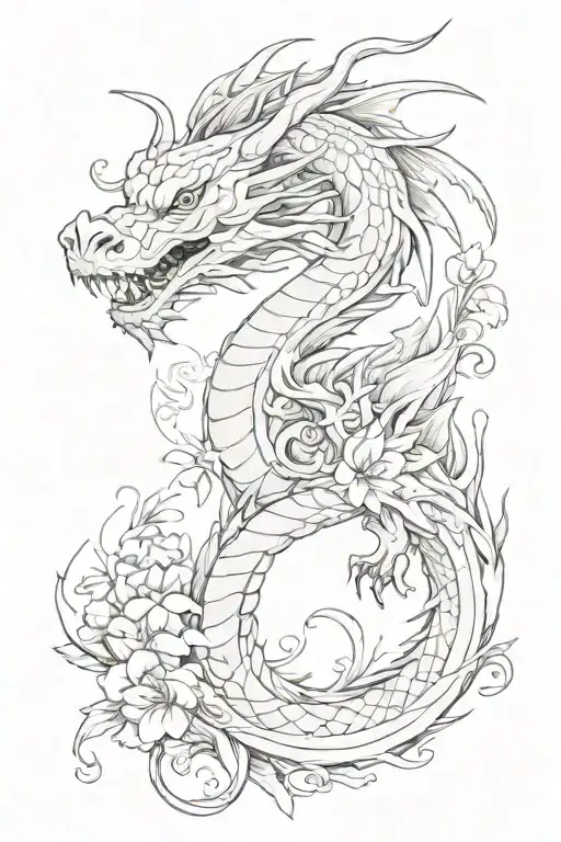  line art tattoo design featuring a long, white dragon inspired by Miyazaki's style from 'Spirited Away,' sakura flowers tattoo design idea