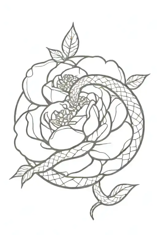 A minimalist tattoo of a snake intertwined with peonies tattoo design idea