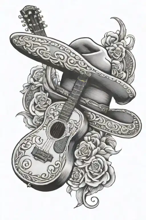 mexican cowboy hat and guitar intertwined with the name Fernando Jose Coronado. Born at 06/26/1969 and died 04/20/2024. tattoo design idea