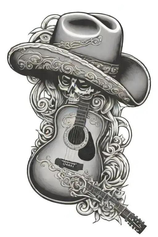 mexican cowboy hat and guitar intertwined with the name Fernando Jose Coronado. Born at 06/26/1969 and died 04/20/2024. tattoo design idea