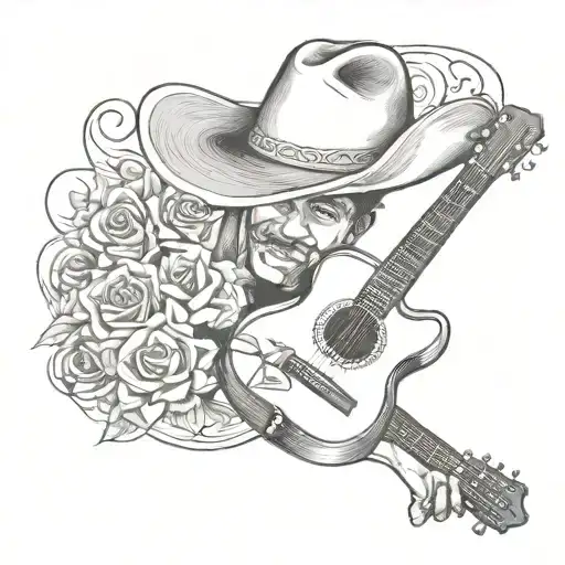 memorial tattoo with the name Fernando Jose Coronado flowing with a guitar and a cowboy hat. est. 06-26-69, Died 04-20-2 tattoo design idea