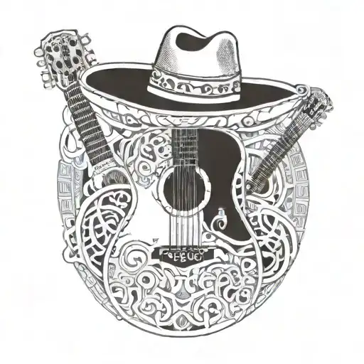 mexican cowboy hat and guitar intertwined with the name Fernando Jose Coronado. Born at 06/26/1969 and died 04/20/2024 tattoo design idea