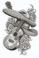 mexican cowboy hat and guitar intertwined with the name Fernando Jose Coronado. Born at 06/26/1969 and died 04/20/2024. tattoo design idea