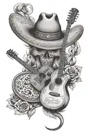 mexican cowboy hat and guitar intertwined with the name Fernando Jose Coronado. Born at 06/26/1969 and died 04/20/2024. tattoo design idea