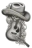 mexican cowboy hat and guitar intertwined with the name Fernando Jose Coronado. Born at 06/26/1969 and died 04/20/2024. tattoo design idea