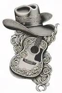 mexican cowboy hat and guitar intertwined with the name Fernando Jose Coronado. Born at 06/26/1969 and died 04/20/2024. tattoo design idea