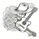 memorial tattoo with the name Fernando Jose Coronado flowing with a guitar and a cowboy hat. est. 06-26-69, Died 04-20-2 tattoo design idea