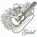 memorial tattoo with the name Fernando Jose Coronado flowing with a guitar and a cowboy hat. est. 06-26-69, Died 04-20-2 tattoo design idea