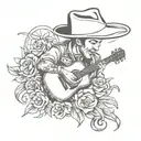 memorial tattoo with the name Fernando Jose Coronado flowing with a guitar and a cowboy hat. est. 06-26-69, Died 04-20-2 tattoo design idea