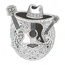 mexican cowboy hat and guitar intertwined with the name Fernando Jose Coronado. Born at 06/26/1969 and died 04/20/2024 tattoo design idea