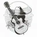 mexican cowboy hat and guitar intertwined with the name Fernando Jose Coronado. Born at 06/26/1969 and died 04/20/2024 tattoo design idea