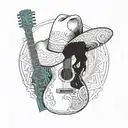 mexican cowboy hat and guitar intertwined with the name Fernando Jose Coronado. Born at 06/26/1969 and died 04/20/2024 tattoo design idea