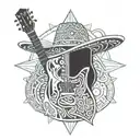 mexican cowboy hat and guitar intertwined with the name Fernando Jose Coronado. Born at 06/26/1969 and died 04/20/2024 tattoo design idea