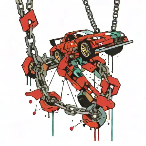 chain with pendant attached with f1 car, fishing hook, Minecraft emerald and techno tattoo design idea