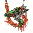 chain with pendant attached with f1 car, fishing hook, Minecraft emerald and techno tattoo design idea