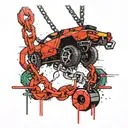 chain with pendant attached with f1 car, fishing hook, Minecraft emerald and techno tattoo design idea